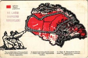 Az úgynevezett demarkációs vonal a román-cseh-szerb imperialisták kezében. Patria rt. kiadása / Hungarian irredenta art postcard s: Hollós + "Na lasu dispecigi Hungarujon!" (EK)