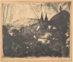 Aba-Novák Vilmos (1894-1941): Felsőbánya - Kettős torony 1925 Rézkarc, papír, jelzett, ajándékozási ...