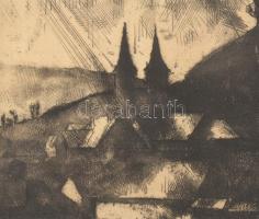 Aba-Novák Vilmos (1894-1941): Felsőbánya - Kettős torony 1925 Rézkarc, papír, jelzett, ajándékozási ...