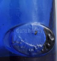 Antik kék patikai üveg, jelzéssel, hibátlan, m: 11 cm