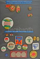 22db-os vegyes kitűző, jelvény és emlékérem tétel a Rendszerváltástól kezdve, műanyag díszlapra rendezve, közte DN "Magyarok Világszövetsége" műgyantás fém jelvény (20mm) + "Atomerő? Nem köszönöm" műanyag kitűző (38mm) stb. T:AU,XF