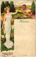 Törley pezsgő reklámlap, üres étlap. Kellner és Mohrlüder / Hungarian champagne advertisement with menu. Art Nouveau, floral litho (r)