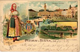 1906 Cesky Tesín, Teschen; Demlovo namestí, Arcikníz zamek s mostem, selka / square, castle and bridge. Ed. Feitzinger Art Nouveau, floral, litho