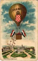 Zagreb, Zágráb; Zivila Hrvatska / Horvát hazafias dombornyomott propaganda hőlégballonnal, címerrel és zászlókkal / Croatian patriotic propaganda. Art Nouveau embossed litho with balloon and flags (EK)