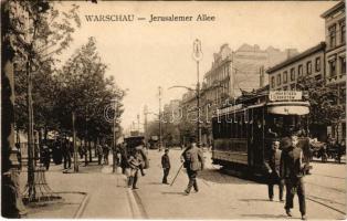 Warszawa, Varsovie, Warschau, Warsaw; Jerusalemet Allee / street view with tram line 18 (Mokotow), shops