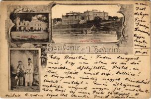 1898 (Vorläufer) Turnu Severin, Szörényvár; Hotel Regal, Lyceul Trajan, Un Taran si o Taranca / school, hotel, folklore. Art Nouveau, floral (Rb)