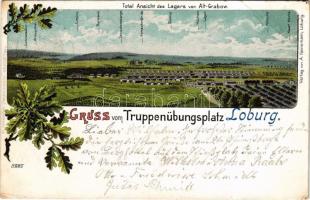 1900 Gruss vom Truppenübungsplatz Loburg. Total Ansicht des Lagers von Alt-Grabow (Altengrabow) / Német katonai gyakorlótér / German military training field. A. Heinemann Art Nouveau, floral, litho (EB)