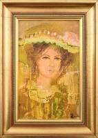 Budai László (1965-): Kalapos hölgy portréja. Olaj, farost, jelzett, fakeretben, hátoldalán címkével...