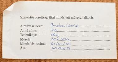 Budai László (1965-): Kalapos hölgy portréja. Olaj, farost, jelzett, fakeretben, hátoldalán címkével...