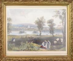 Dekoratív, üvegezett fa képkeret, Vác XIX. sz. látképe után készült modern ofszet nyomattal, belső m...