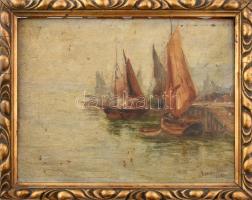 Szilágyi Dezső (?) jelzéssel, XX. sz eleje: Vitorlások a pólai kikötőben. Olaj, fatábla. Dekoratív f...