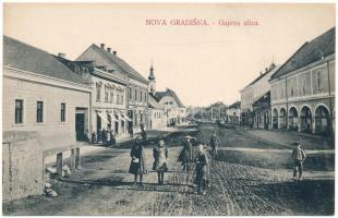 Újgradiska, Novagradiska, Nova Gradiska; Gajeva ulica / utca, üzletek. M. Mladjana kiadása / street view, shops