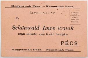 cca 1900-1905 "Magyarnak Pécs - Németnek Bécs", Schönwald Imre magyar órás-mester kitöltetlen megrendelő lapja, kis sarokhajlással, 9,5x14,5 cm