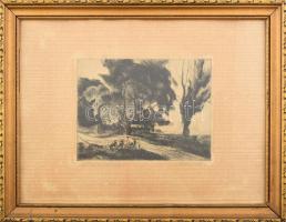 Szőnyi István (1894-1960): Rómaifürdői táj. Rézkarc, papír, jelzett. Dekoratív, üvegezett, kissé sér...