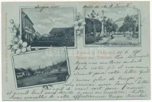 1901 Vinkovec, Vinkovac; Prkos, Duga Ulica, Stup Sv. Trojice na trgu Franje Josipa / mozaiklap, utca, szobor / multi-view postcard, street view, monument. J. Reich 26130. Art Nouveau montage, floral (fa)