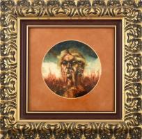 Jelzés nélkül: Szürrealista férfi portré. Olaj, műanyag lemez. Dekoratív, üvegezett, sarkaiban kissé sérült fakeretben, d: 21 cm