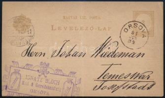 1891 Orsova, Ignatz Bloch liszt- és gabonakereskedő saját kezűleg megírt levelezőlapja, díszes céges bélyegzővel (Ignatz Bloch Mehl & Getreidehandlung Orsova), Temesvárra küldve