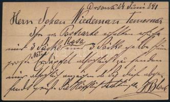 1891 Orsova, Ignatz Bloch liszt- és gabonakereskedő saját kezűleg megírt levelezőlapja, díszes céges...