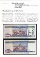 Bolívia 1984. 10.000P + 1984. 10.000P "1c" felülbélyegzéssel, német nyelvű "Kuriositäten auf Banknoten" tájékoztatólappal T:UNC Bolivia 1984. 10.000 Pesos + 1984. 10.000 Pesos with "1 Centavo" overstamp, with "Kuriositäten auf Banknoten" german language information sheet C:UNC