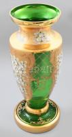 Cseh virágmintával zománcfestett és aranyozással ékesített zöldüveg padlóváza, jelzés nélkül, hibátlan, m: 40,5 cm
