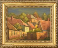 Réti Mátyás (1922-2002): Veszprémi utca. Olaj, farost, jelezve jobbra lent, a hátoldalán autográf felirattal. Dekoratív fakeretben, 36×45,5 cm