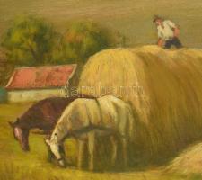 Réti Mátyás (1922-2002): Szénahordás, 1999. Olaj, farost, jelezve jobbra lent, a hátoldalán autográf...