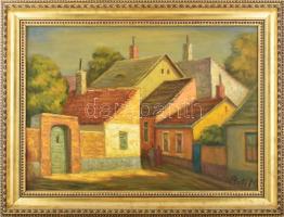 Réti Mátyás (1922-2002): Kis házak. Olaj, farost, jelezve jobbra lent, a hátoldalán autográf felirattal. Dekoratív fakeretben, 50×70 cm