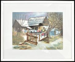 Mezősné Bednárik Mária: Erdély, falusi ház. Akvarell, papír. Jelzett, paszpartuban, üvegezett keretb...