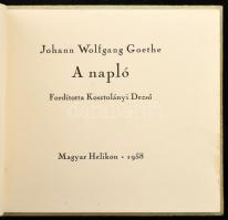 Goethe, Johann Wolfgang: A napló. Ford.: Kosztolányi Dezső. (Minikönyv). Bp., 1958, Magyar Helikon. Kiadói kartonált papírkötés, kissé sérült gerinccel, kiadói tékában.