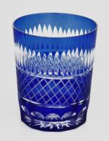 Dúsan csiszolt kristály kék whiskey pohár, 6 db, original dobozban, hibátlan, m: 10 cm