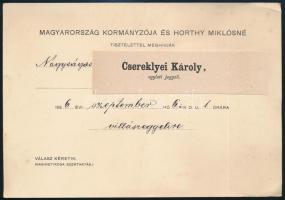 1926 Horthy Miklós kormányzó és felesége meghívója villásreggelire. du 1. órára. Csereklyei Károly részére