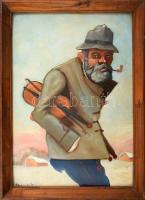 Várallyay jelzéssel: Pipázó hegedűs. Olaj, karton, apró foltokkal, fakeretben, 33,5×24 cm