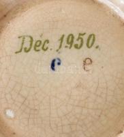 Régi virágmintás fajansz csésze. Matricás, jelzett, kopásokkal, mázrepedésekkel, m: 5 cm, d: 5,5 cm