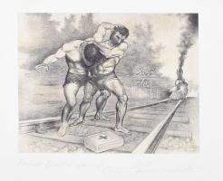 Fenekovács László (1950-): Birkózók (Courbet után), 2003. Nyomat, papír. Jelzett, 15×19 cm