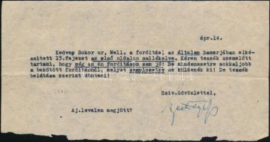 cca 1950? évek gróf Széchenyi Zsigmond (1898-1967) vadász, utazó, író autográf aláírással ellátott, gépelt levele Bokor Dezső (1894-1963) szerkesztő, kiadó részére, benne: megküldött fordítás ügyében. Miszerint még az ő fordítása se jó, de jobb mint a bekötött, amit semmi esetre sem küldene ki. hn., április 14.