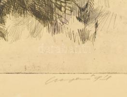 Csergezán Pál (1924-1996): Városrészlet. Rézkarc, papír, jelzett, 29x39 cm, üvegezett fakeretben