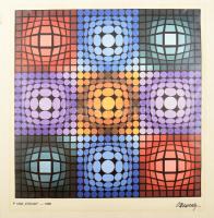 Vasarely Victor (1908-1997): Dyevat. Ofszet, papír, papírra rögzítve, jelzett a nyomaton, 37x37 cm