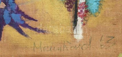 Menyhárd jelzéssel: Színes táj, 1963. Vegyes technika, vászon, kartonon. Sérült. 47,5x57,5 cm