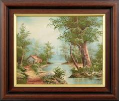 Olvashatatlan jelzéssel: Házikó a vízparton. Olaj, farost, fakeretben. 20x25 cm