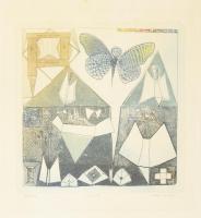 Olajos György (1953-): Nyitány. Rézkarc, papír, jelzett. Üvegezett fakeretben. 15×14 cm. Korai munka...