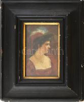 Greguss Imre (1856-1910): Hölgy tollas kalapban. Olaj, fatábla. jelezve jobbra lent. Üvegezett, kiss...