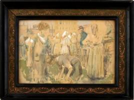 Glant jelzéssel, XX. sz. eleje: Piac. Akvarell, karton. Üvegezett, antik, kissé sérült fakeretben. 15x22 cm
