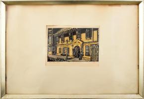 Dési Elza (?-). Vár (Buda), 1976. Linómetszet, papír, jelzett, üvegezett fakeretben. 12x18 cm