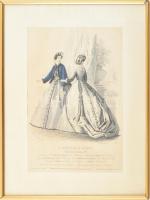 Divatkép két hölggyel, a francia Le Moniteur de la Mode c. magazinból, XIX. sz. közepe. Színezett acélmetszet, papír, jelzett a metszeten. Üvegezett keretben. 26x19 cm