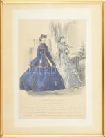Divatkép hölgyekkel, a francia Le Moniteur de la Mode c. magazinból, XIX. sz. közepe. Színezett acélmetszet, papír, jelzett a metszeten. Üvegezett keretben. 26x19 cm