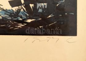 Török Endre (1926-1980): Börzsönyi falu. Linómetszet, papír, jelzett. Számozott (16/100). Üvegezett ...