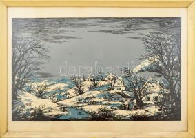 Török Endre (1926-1980): Börzsönyi falu. Linómetszet, papír, jelzett. Számozott (16/100). Üvegezett ...