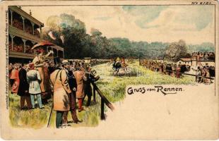 Gruss vom Rennen. Bruno Bürger & Ottillie No. 6181. / Lóverseny / Horse race, sport. Art Nouveau litho (fl)