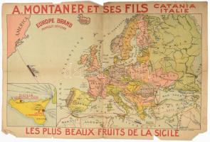 cca 1920-1930 A. Montaner et ses fils Catania Italie, les plus beaux fruits de la Sicile / Európa térképe, rajta nemzetközi kereskedelmi-szállítási útvonalak jelölésével. Giusto & Nicolosi, Catania. Sérülésekkel, 45x30 cm