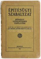 Építésügyi szabályzat Budapest székesfőváros területére. Az 1870. évi X-ik törvénycikk alapján kiadja a Fővárosi Közmunkák Tanácsa. Bp., 1914, Hornyánszky-ny., 208 p. Térképmelléklet nélkül. Kiadói kartonált papírkötés, festett lapélekkel, sérült, hiányzó gerinccel, kissé dohos lapokkal, a címlapon Bachrach Arnold építész bélyegzőjével és aláírásával.